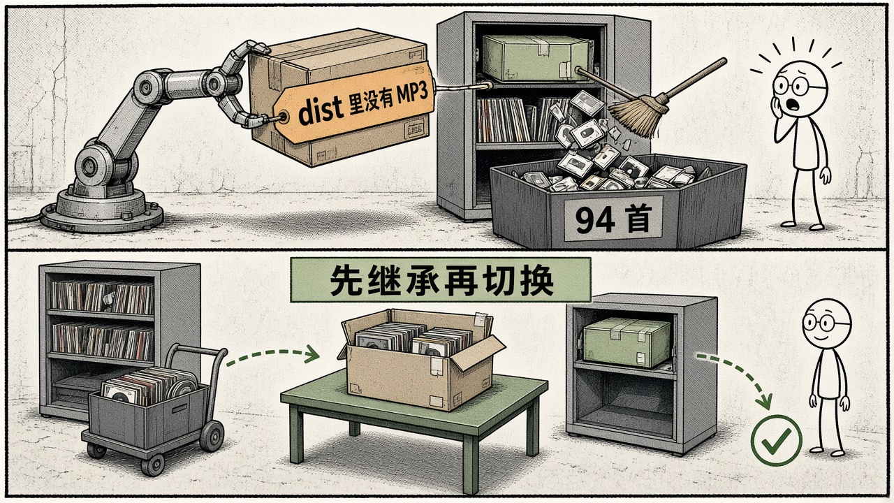 dist 里没有 MP3：直接覆盖会冲掉 94 首，先继承再切换