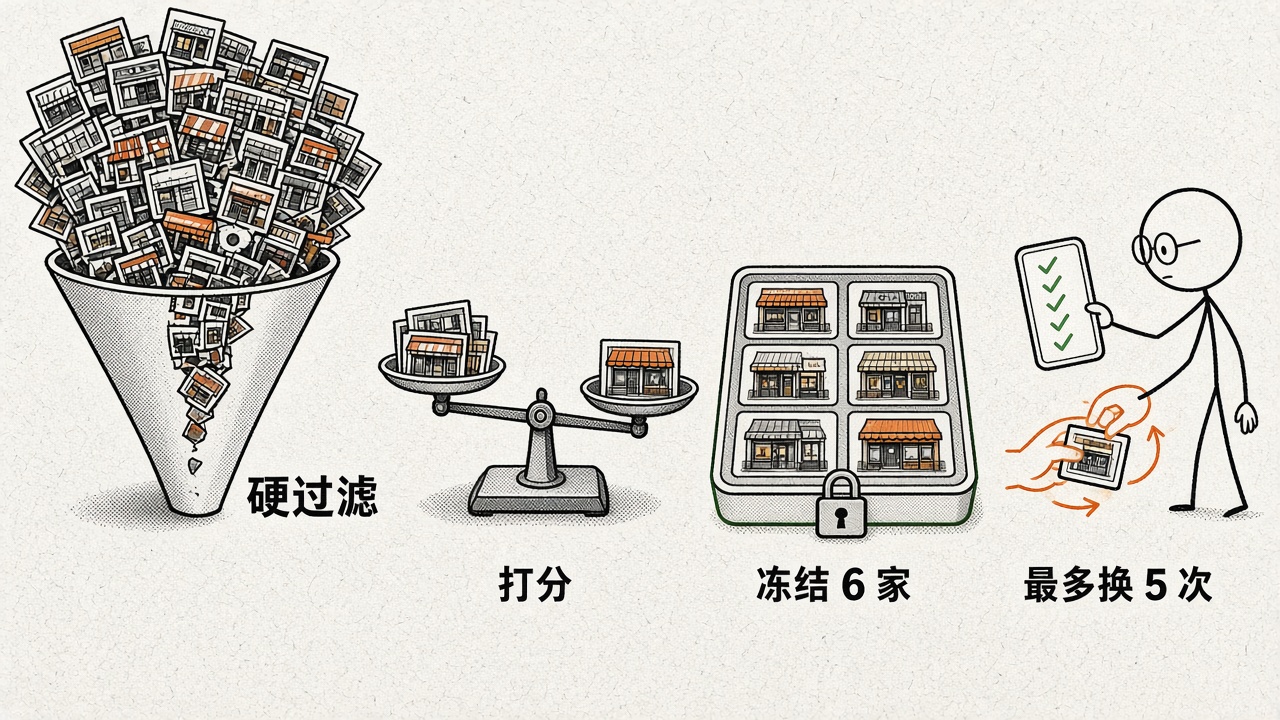 硬过滤、打分、冻结 6 家、最多换 5 次