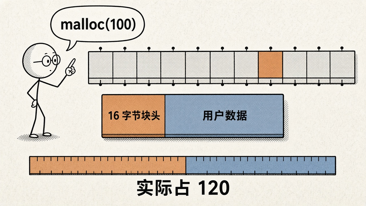 16 字节块头加用户数据，malloc(100) 实际占 120