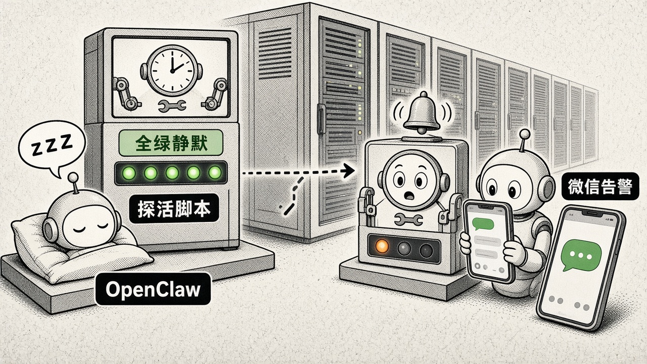 探活脚本全绿静默，异常才唤醒 OpenClaw 发微信告警