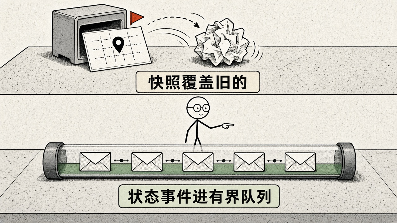 快照覆盖旧的，状态事件进有界队列