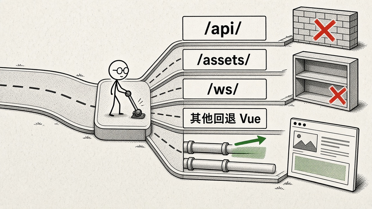 按路径分流:/api/ 和 /assets/ 真 404,/ws/ 升级,其余回退 Vue